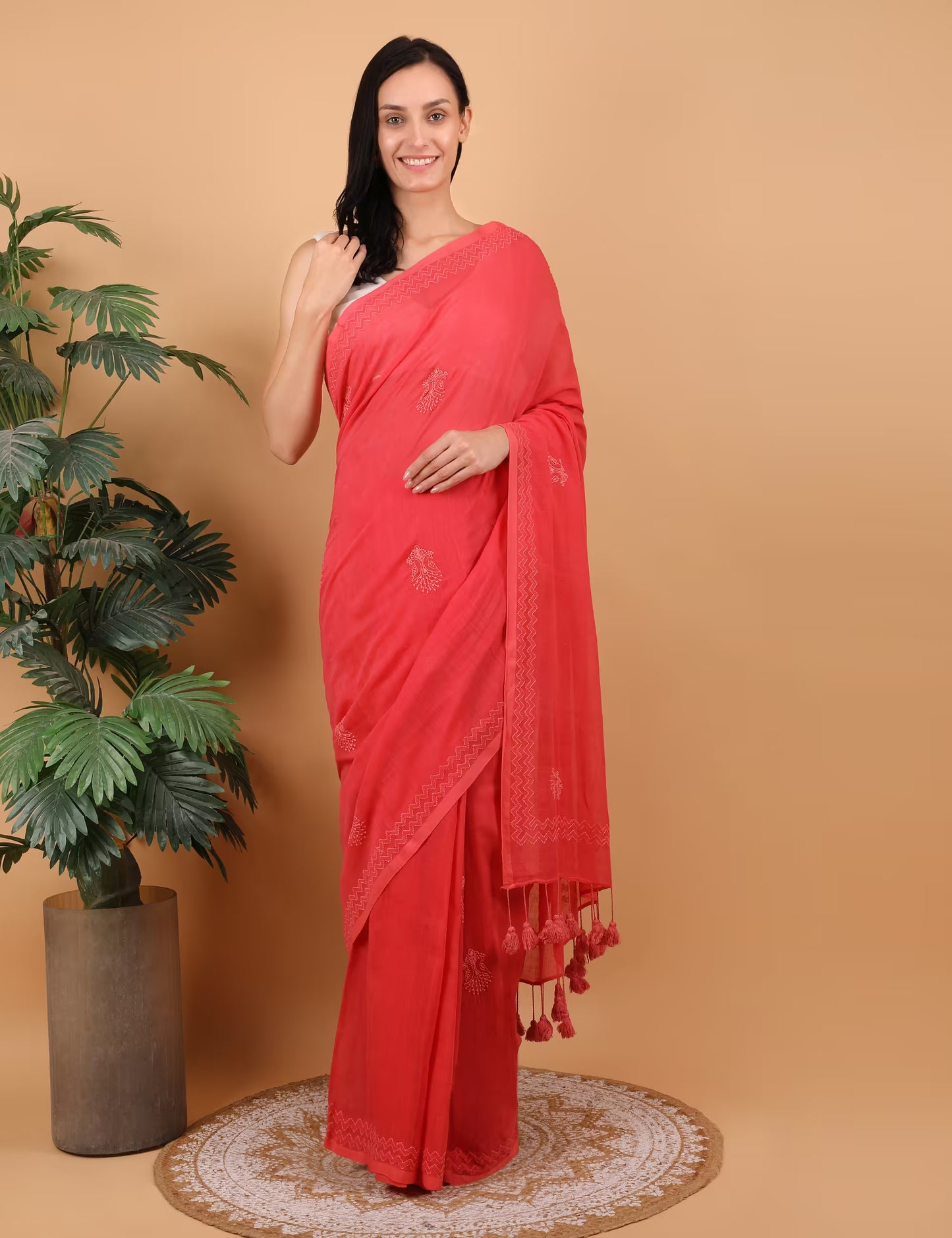 Shwet Women Coral Pink Hand Embroidered Chikankari Saree - Shwet Artistry