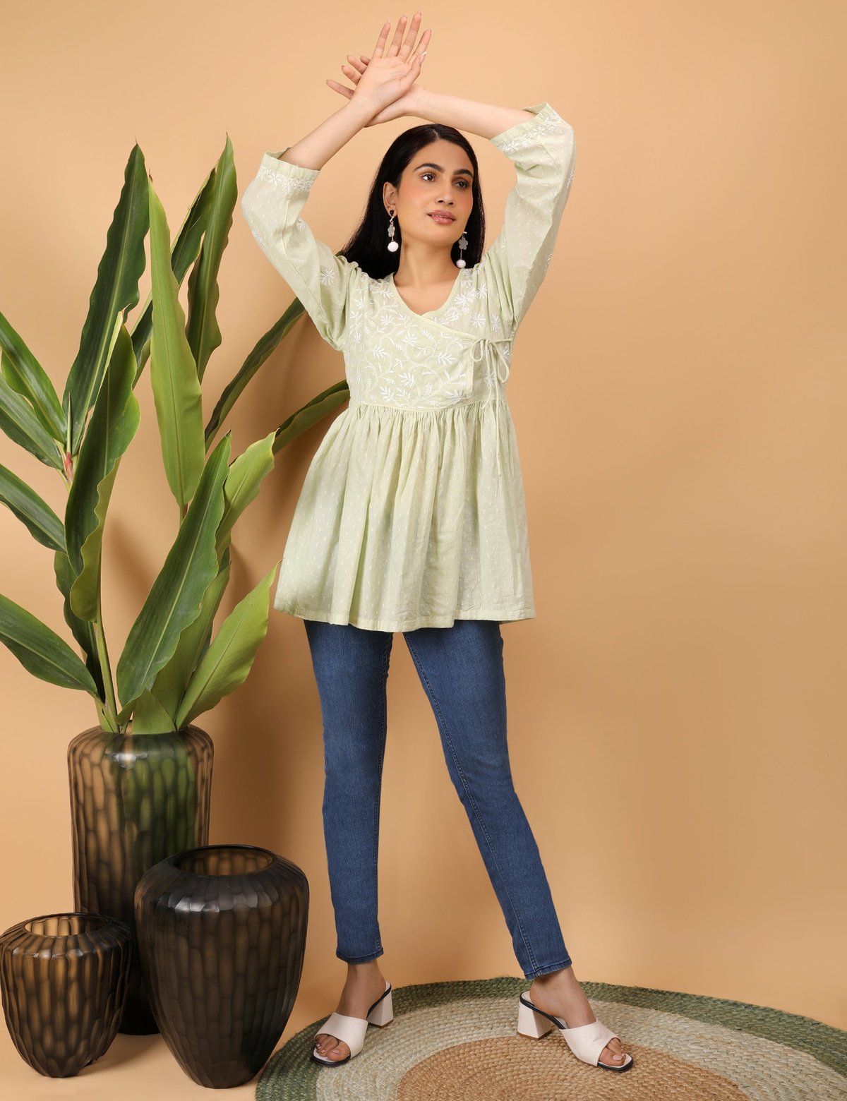 shwet green white women chikankari angarkha top - Handcrafted Chikankari embroidery, front view. Premium quality fabric.