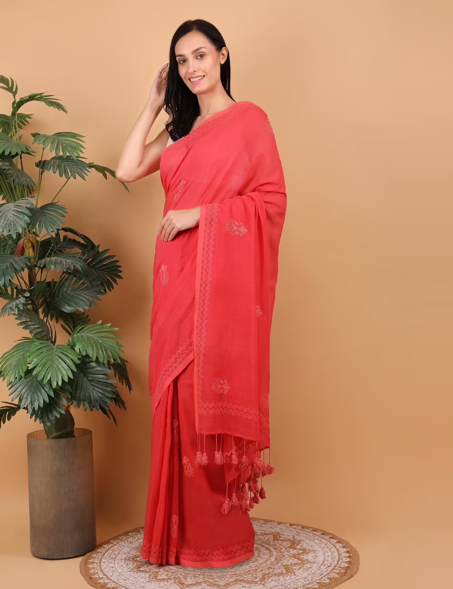 Shwet Women Coral Pink Hand Embroidered Chikankari Saree - Shwet Artistry