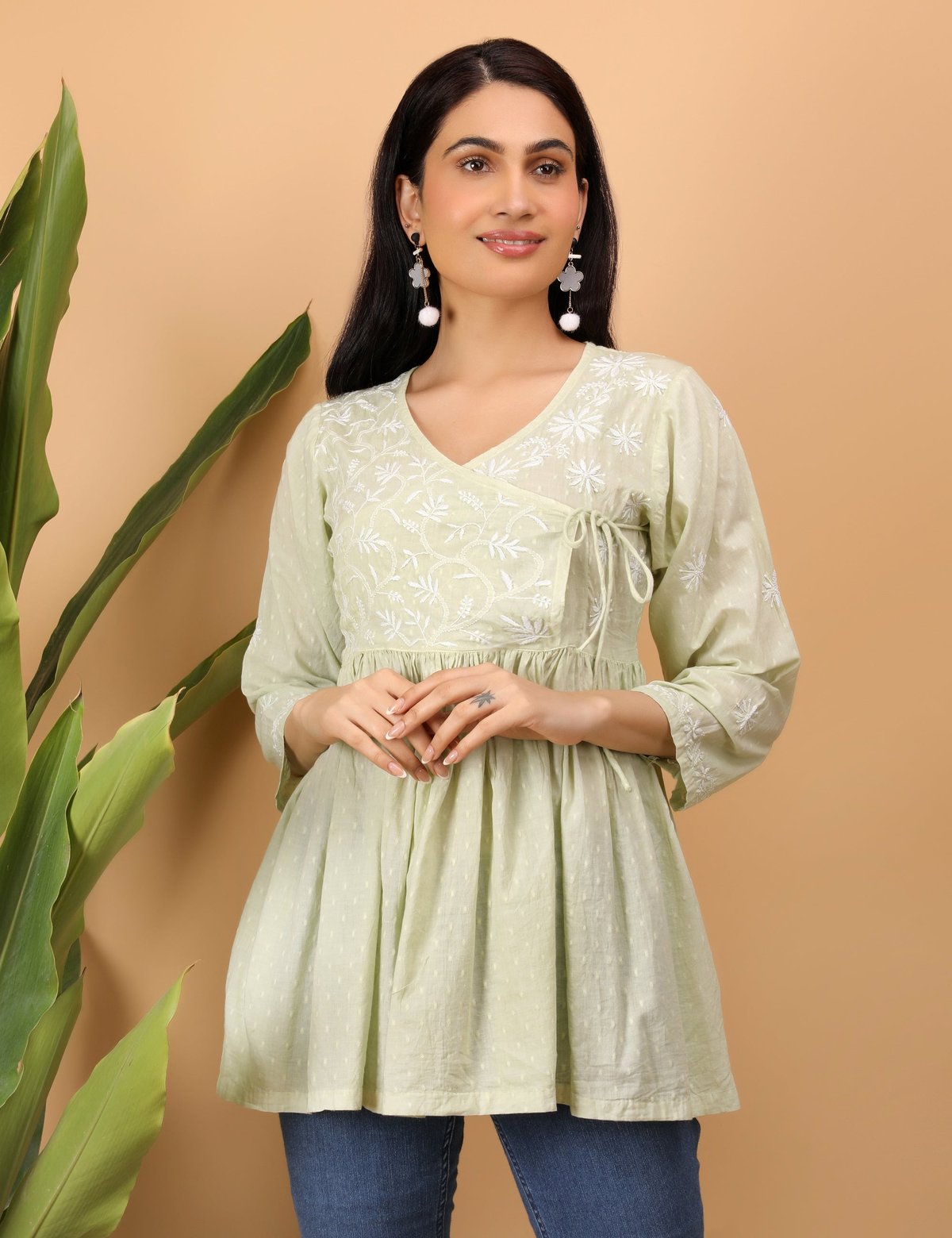 shwet green white women chikankari angarkha top - Handcrafted Chikankari embroidery, close-up detail. Premium quality fabric.