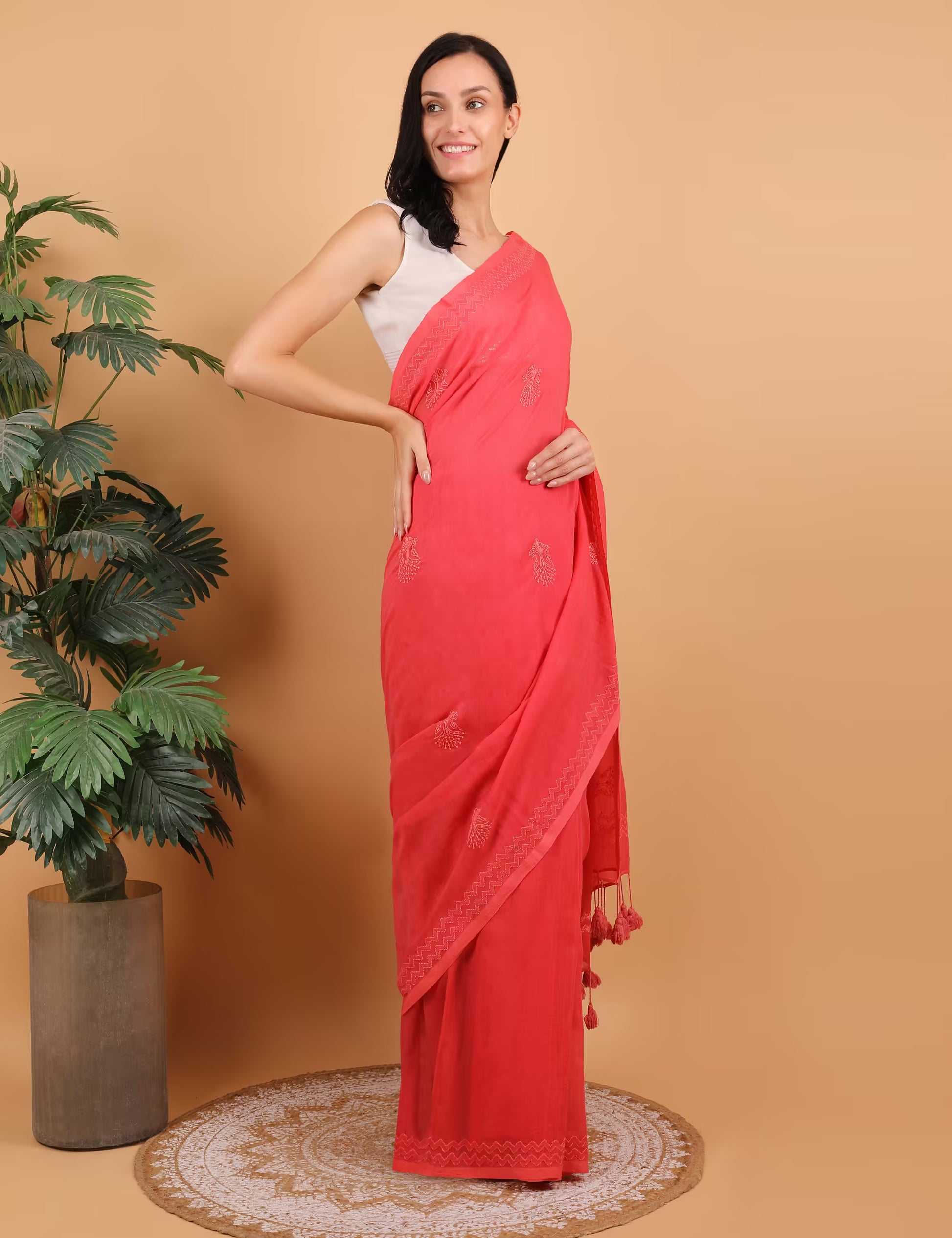 Shwet Women Coral Pink Hand Embroidered Chikankari Saree - Shwet Artistry