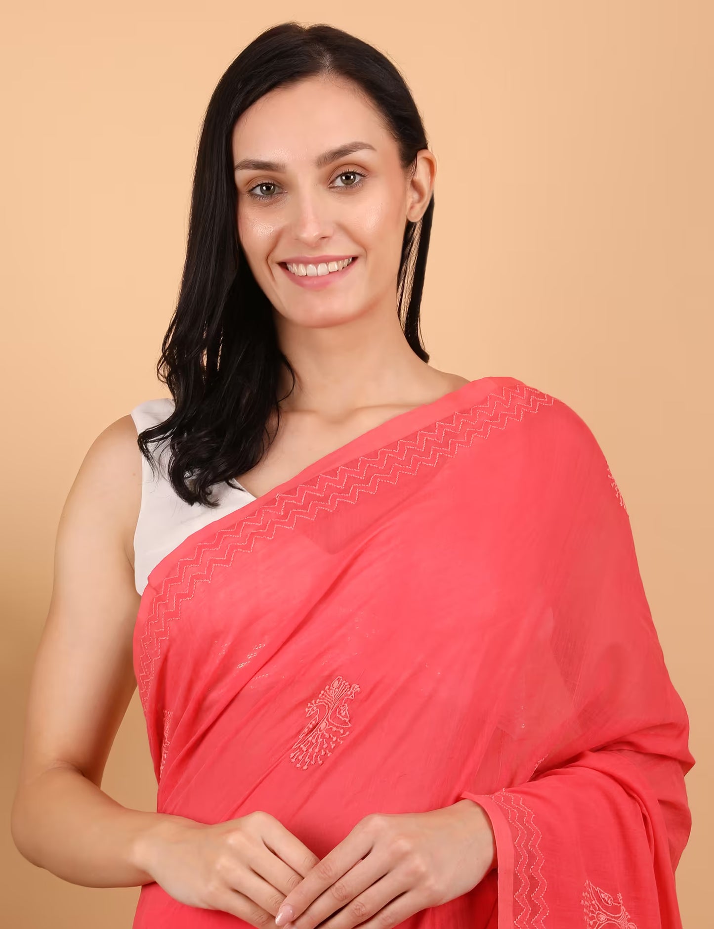 Shwet Women Coral Pink Hand Embroidered Chikankari Saree - Shwet Artistry