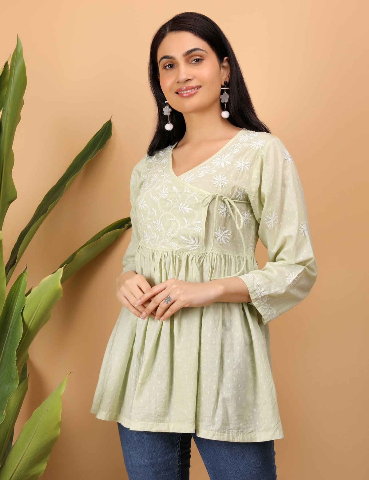 shwet green white women chikankari angarkha top - Handcrafted Chikankari embroidery. Premium quality fabric.
