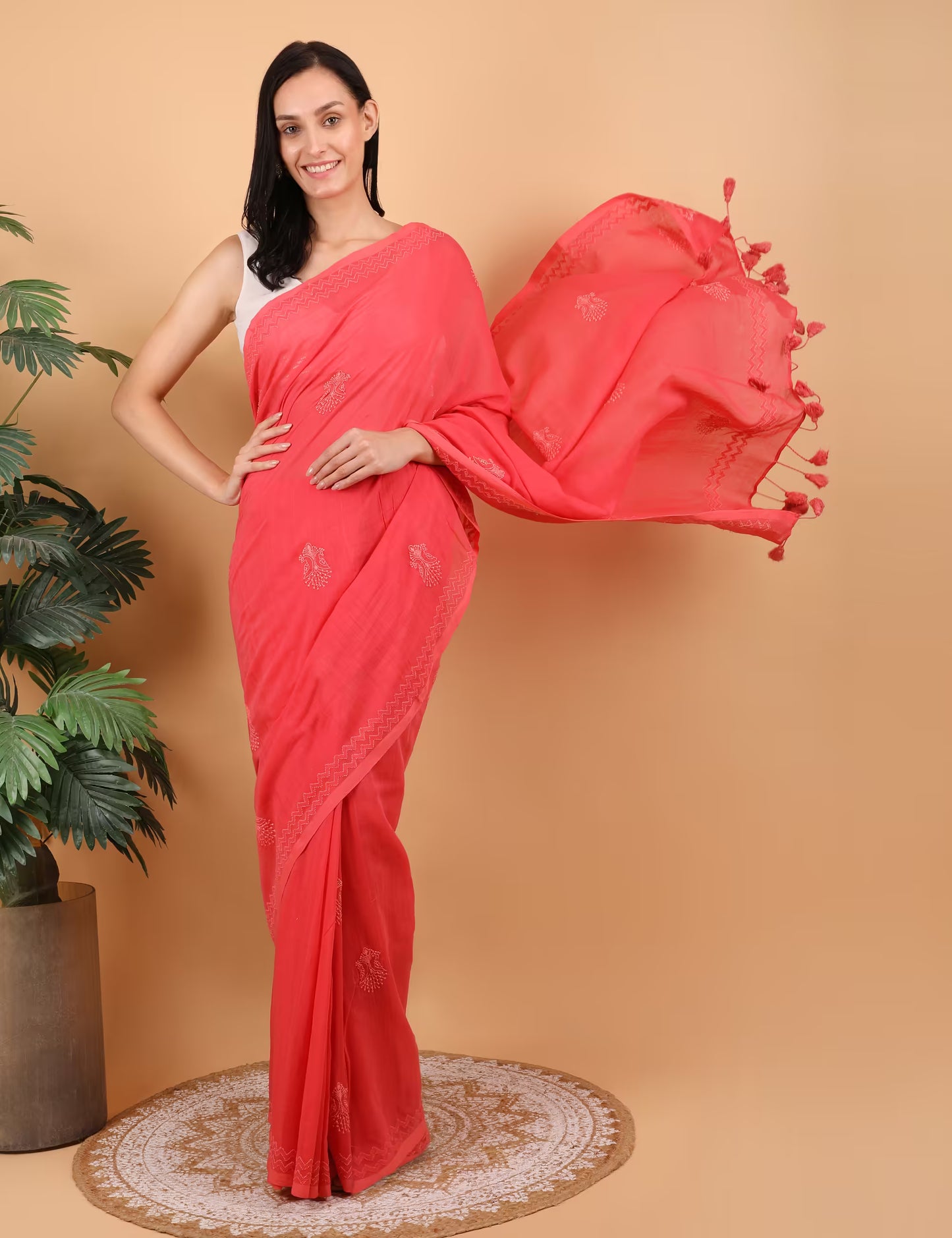 Shwet Women Coral Pink Hand Embroidered Chikankari Saree - Shwet Artistry