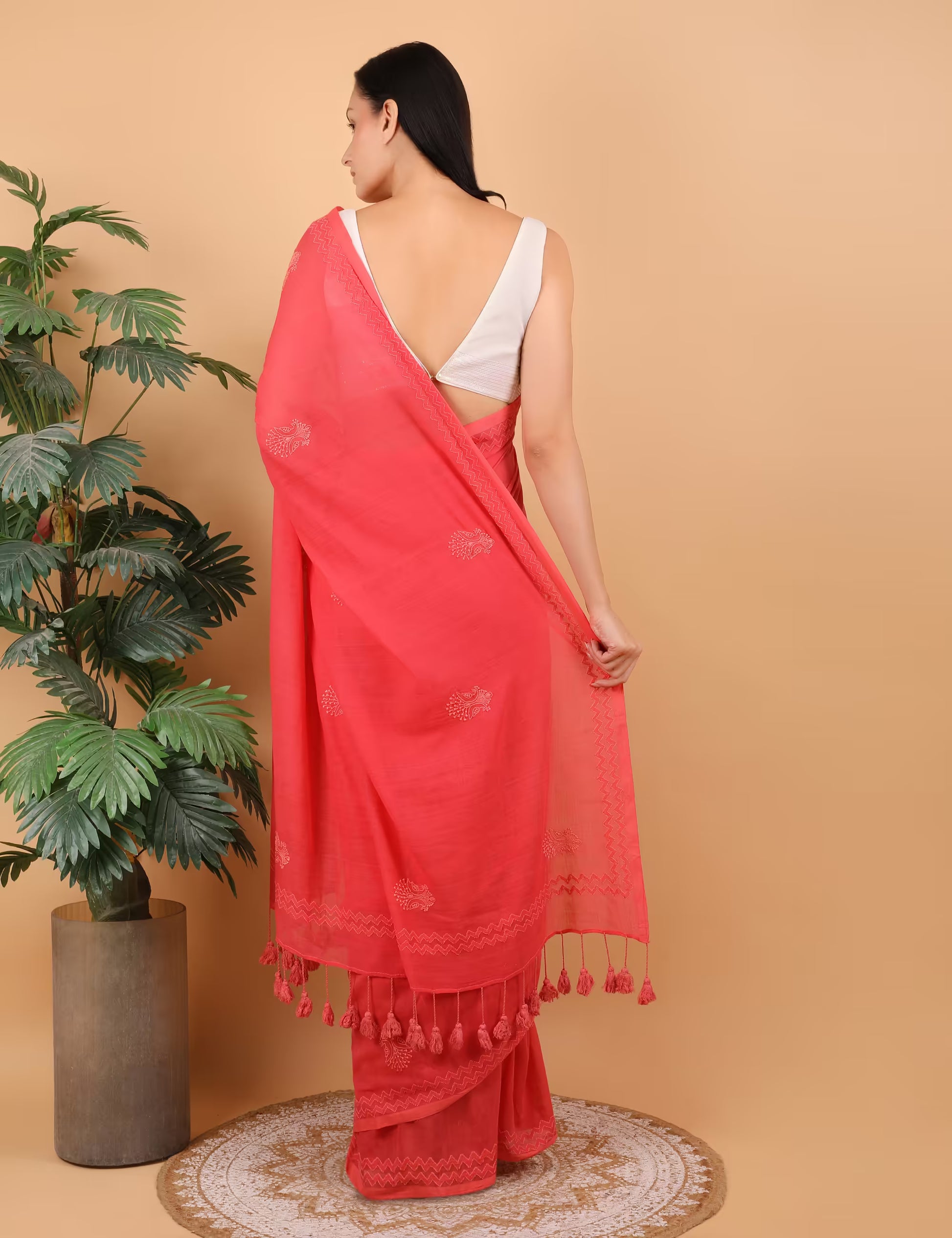 Shwet Women Coral Pink Hand Embroidered Chikankari Saree - Shwet Artistry