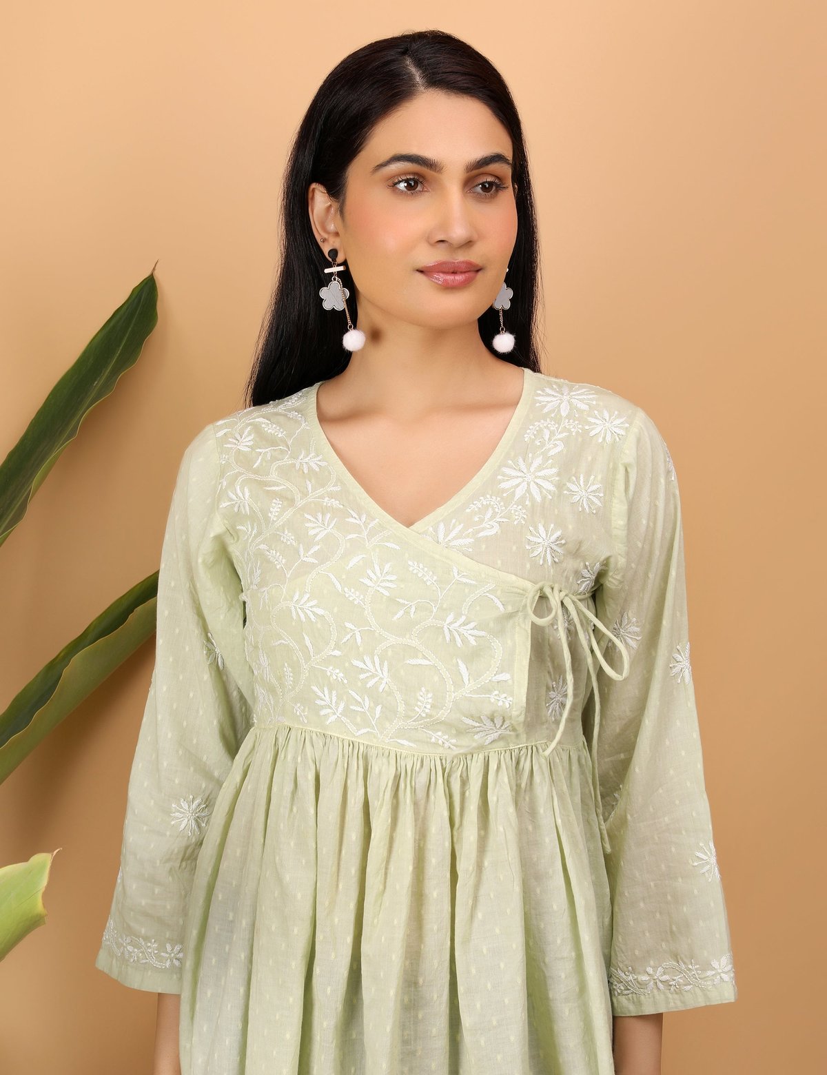 shwet green white women chikankari angarkha top - Handcrafted Chikankari embroidery. Premium quality fabric.