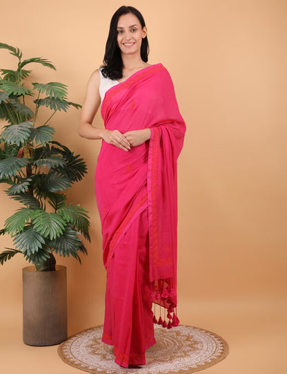 Shwet Women Magenta pink Hand Embroidered Chikankari  Mulmul Saree - Shwet Artistry