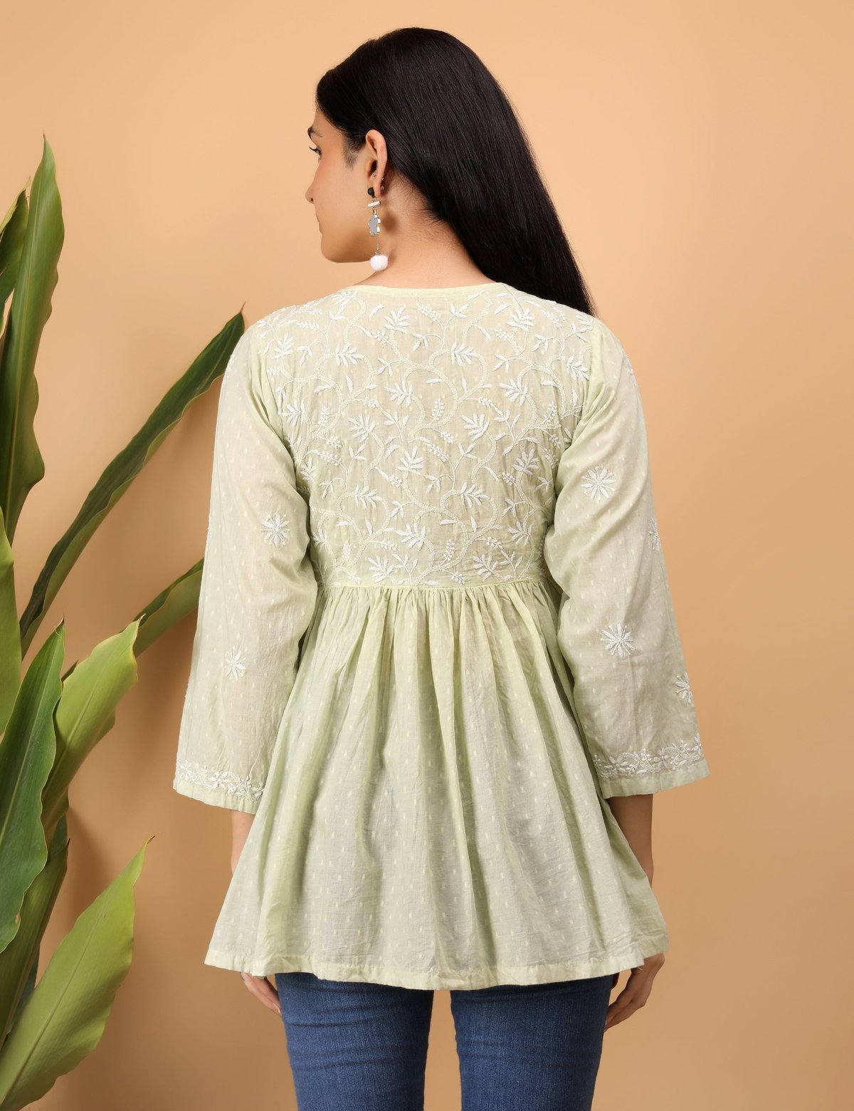 shwet green white women chikankari angarkha top - Handcrafted Chikankari embroidery. Premium quality fabric.