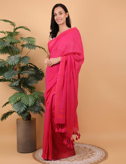 Shwet Women Magenta pink Hand Embroidered Chikankari  Mulmul Saree - Shwet Artistry