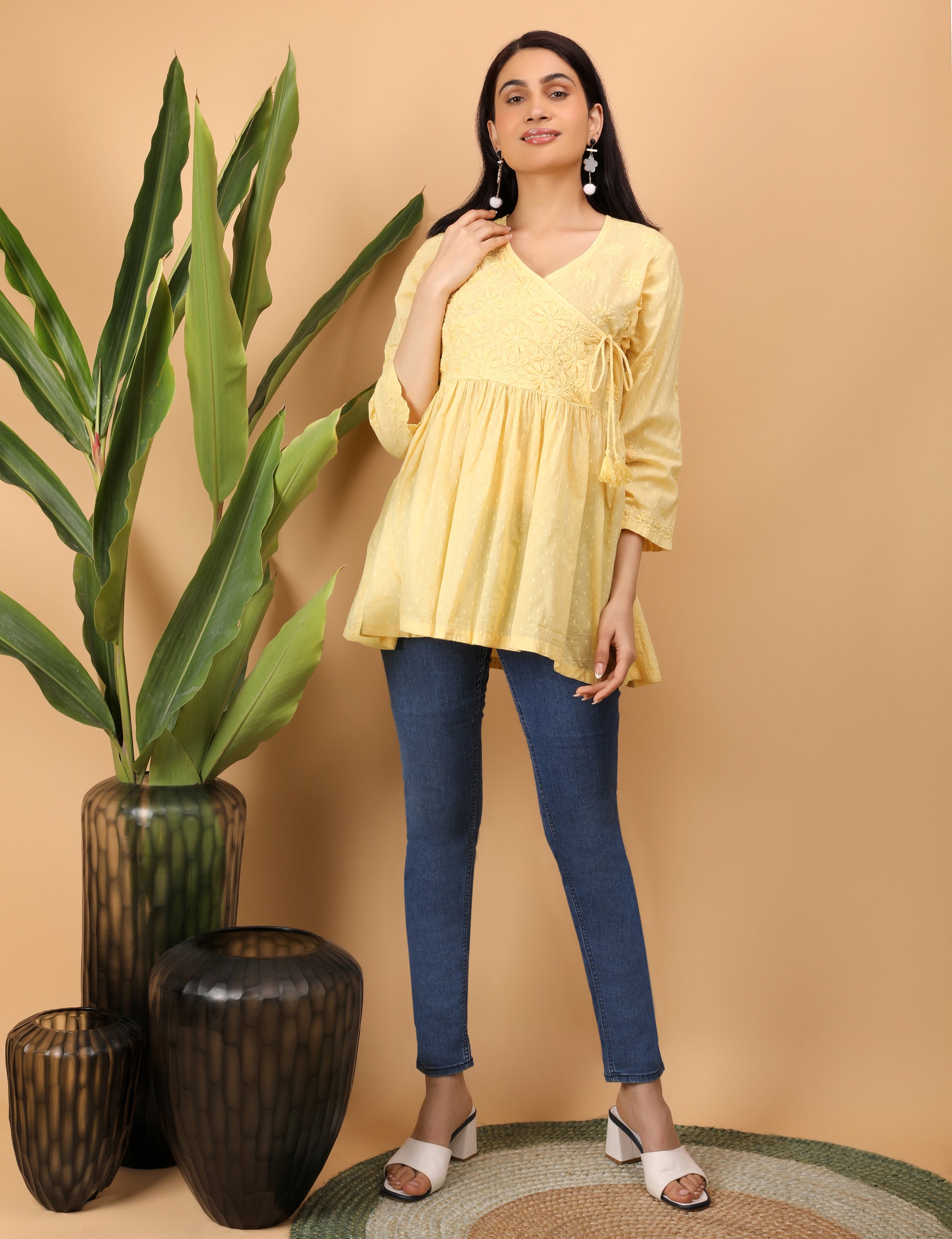 Shwet Artistry Shwet Women Yellow Chikankari Angarkha Top - Premium Chikankari Collection