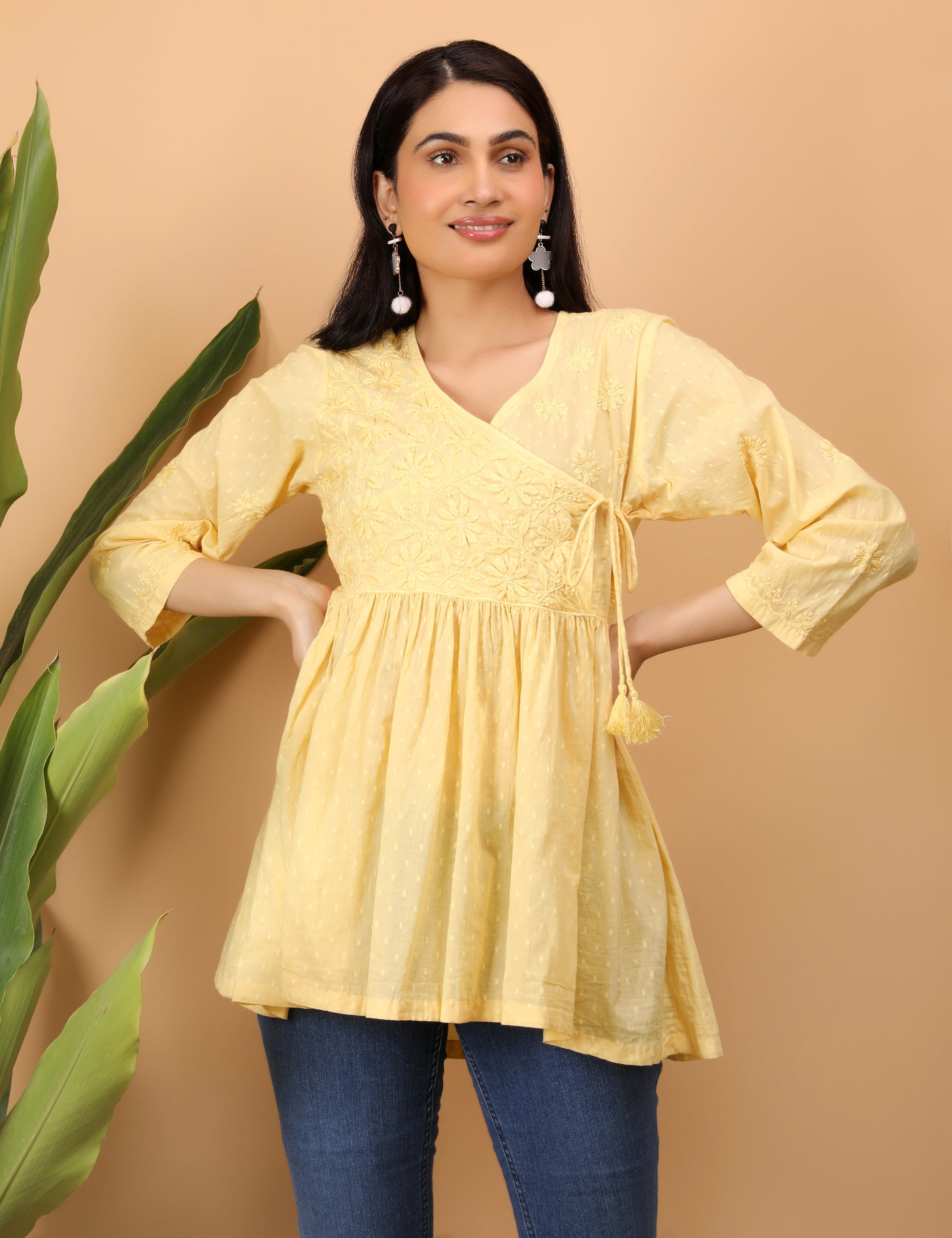 Shwet Artistry Shwet Women Yellow Chikankari Angarkha Top - Premium Chikankari Collection