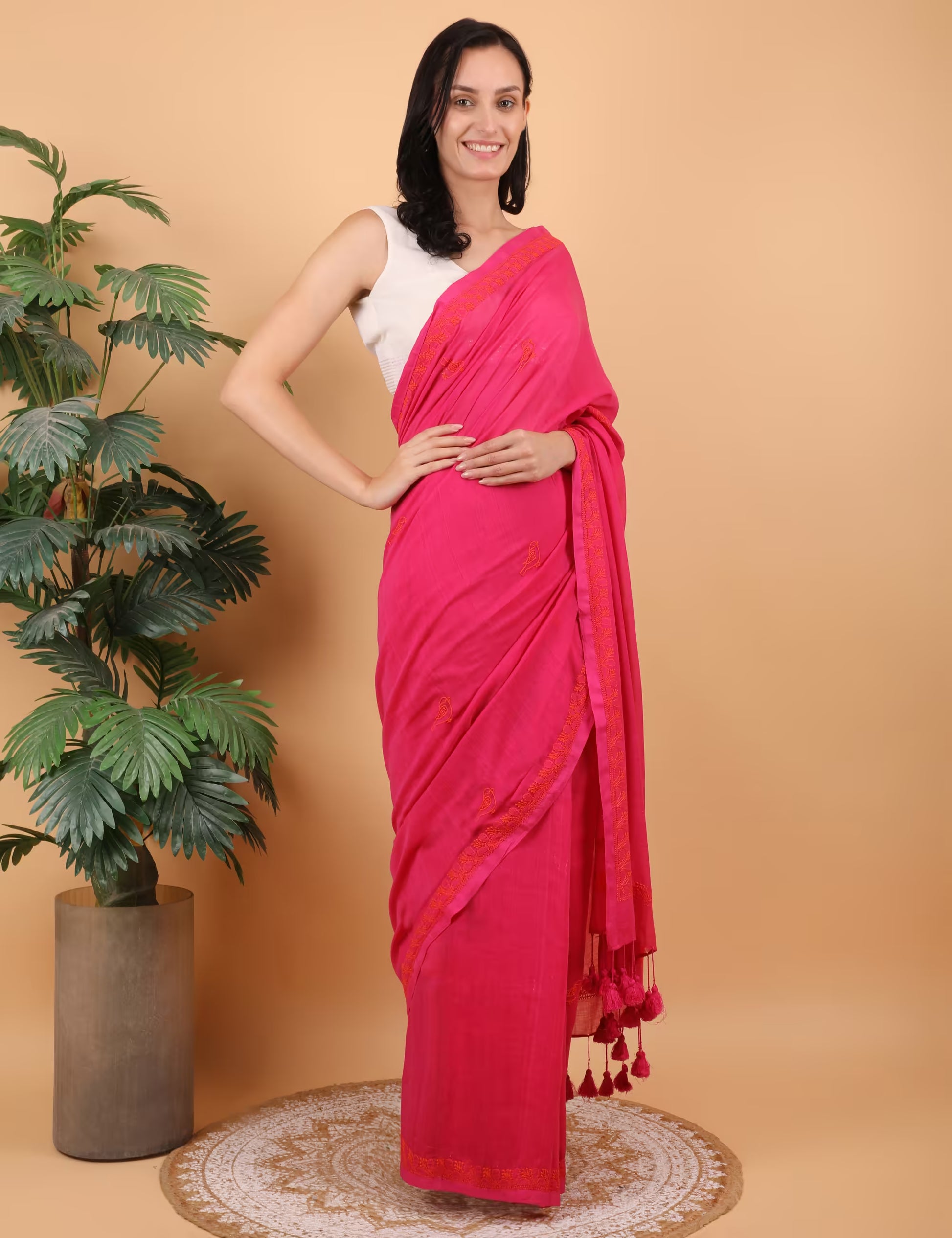 Shwet Women Magenta pink Hand Embroidered Chikankari  Mulmul Saree - Shwet Artistry