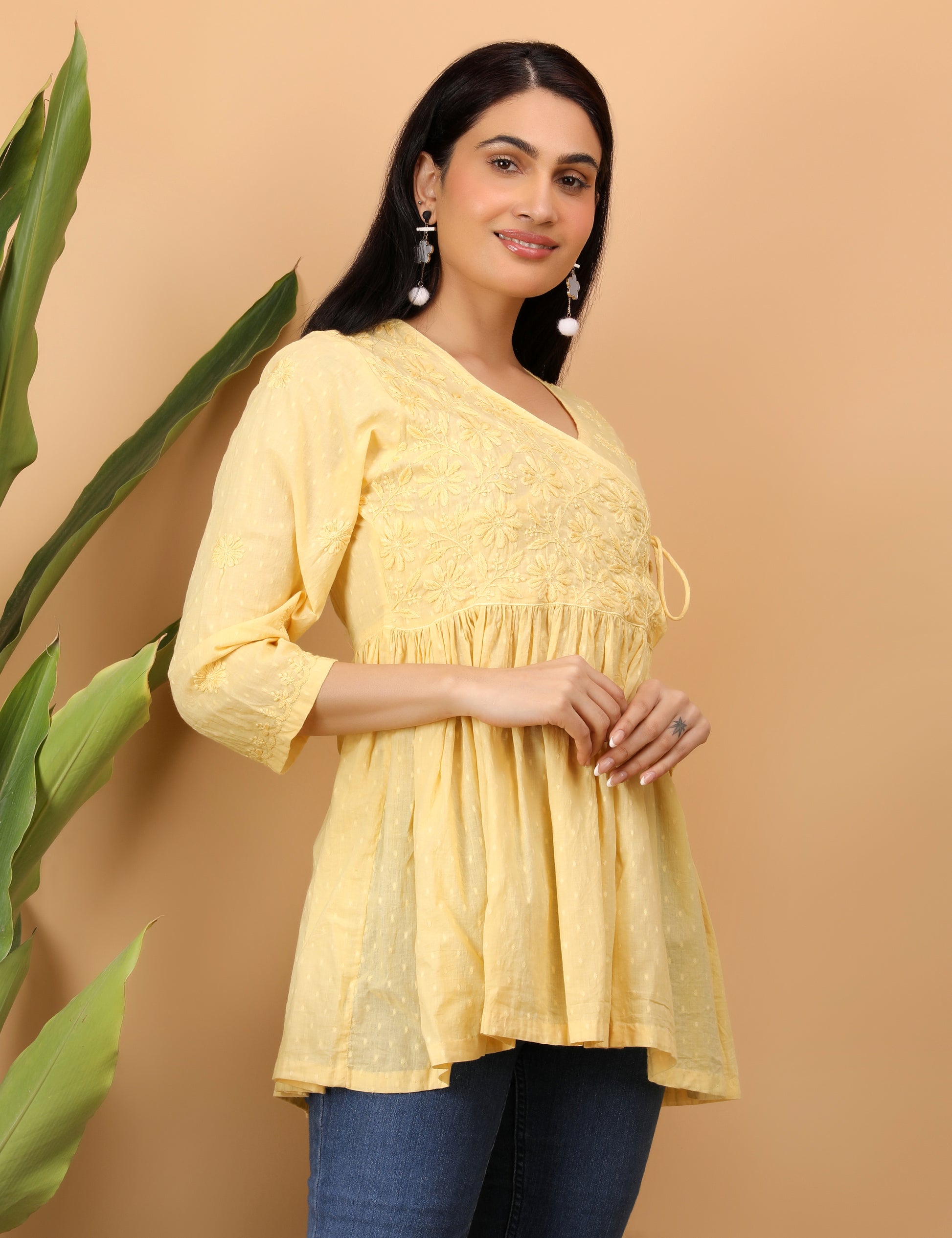 Shwet Artistry Shwet Women Yellow Chikankari Angarkha Top - Premium Chikankari Collection
