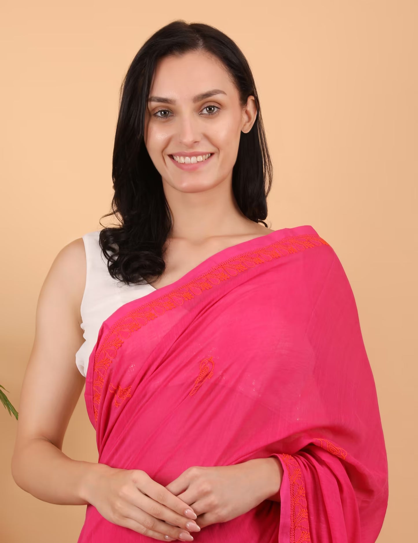 Shwet Women Magenta pink Hand Embroidered Chikankari  Mulmul Saree - Shwet Artistry