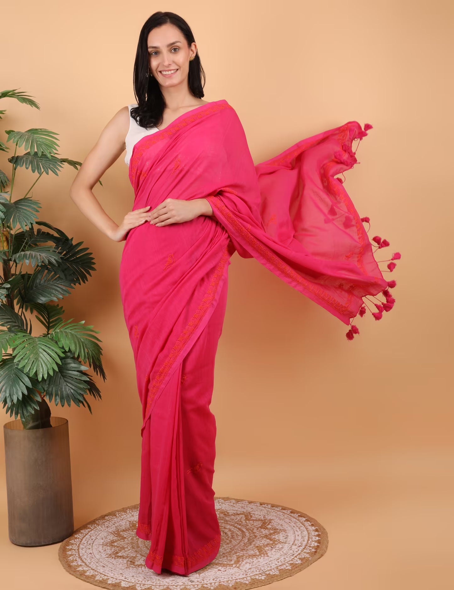 Shwet Women Magenta pink Hand Embroidered Chikankari  Mulmul Saree - Shwet Artistry