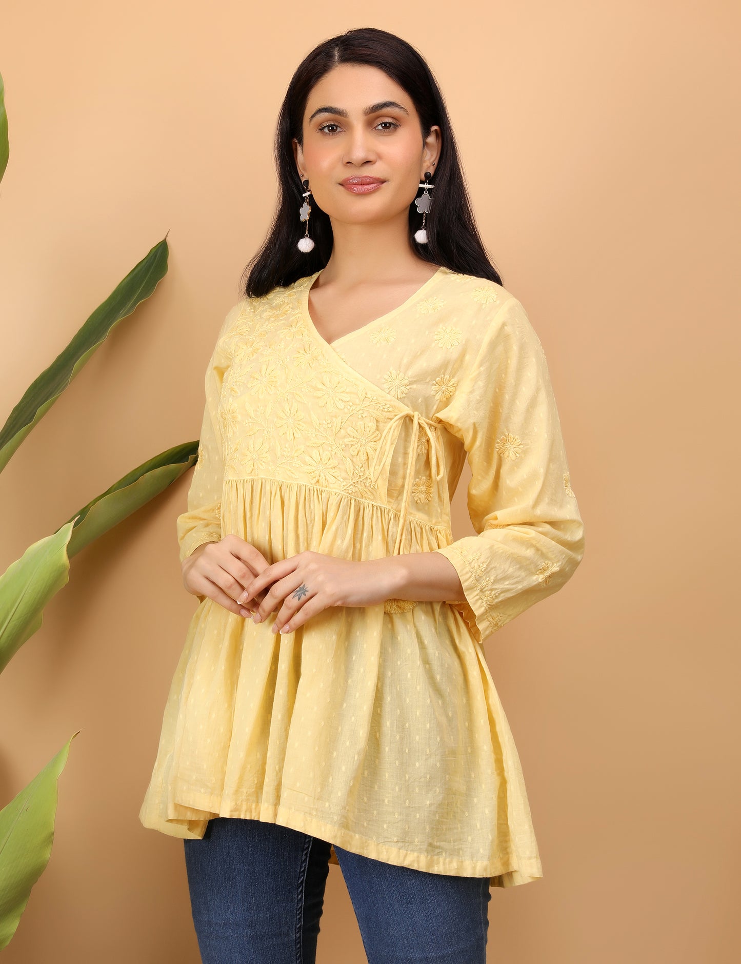 Shwet Artistry Shwet Women Yellow Chikankari Angarkha Top - Premium Chikankari Collection