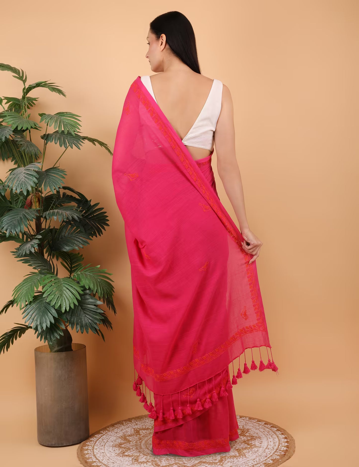 Shwet Women Magenta pink Hand Embroidered Chikankari  Mulmul Saree - Shwet Artistry