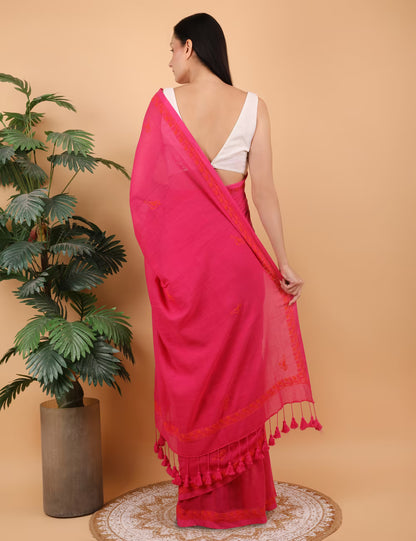 Shwet Women Magenta pink Hand Embroidered Chikankari  Mulmul Saree - Shwet Artistry