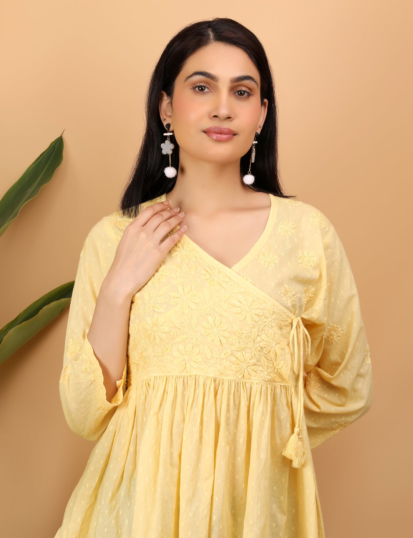 Shwet Artistry Shwet Women Yellow Chikankari Angarkha Top - Premium Chikankari Collection