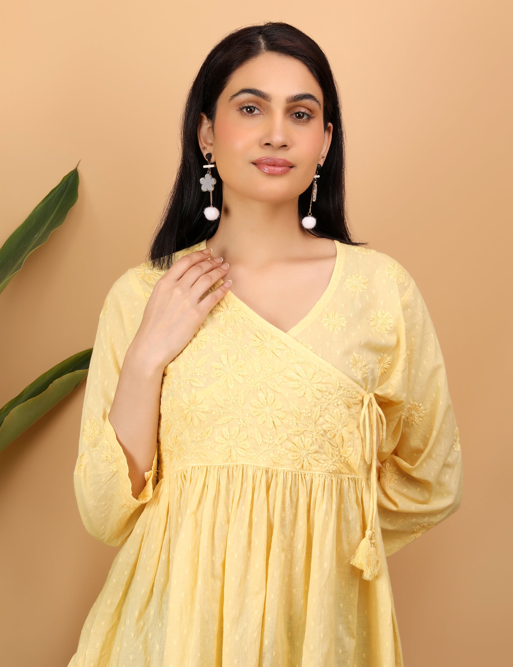 Shwet Artistry Shwet Women Yellow Chikankari Angarkha Top - Premium Chikankari Collection