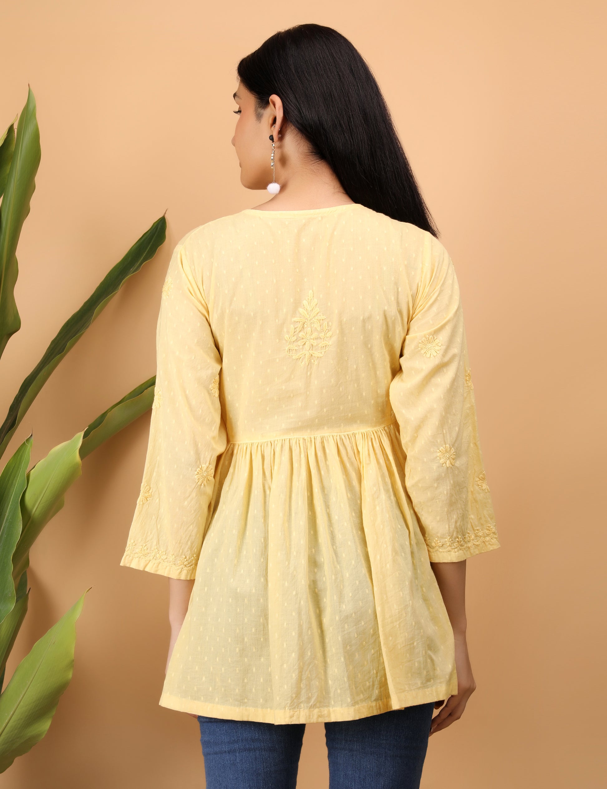 Shwet Artistry Shwet Women Yellow Chikankari Angarkha Top - Premium Chikankari Collection