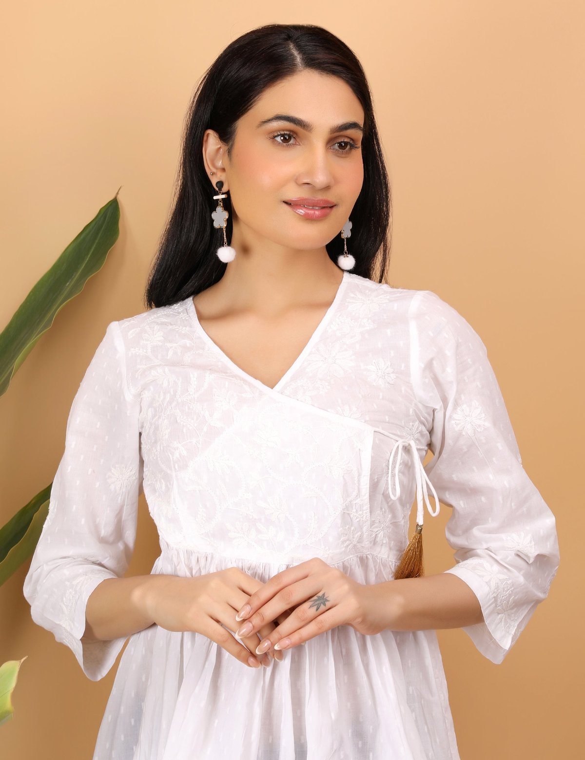 shwet white women chikankari angarkha top - Handcrafted Chikankari embroidery. Premium quality fabric.