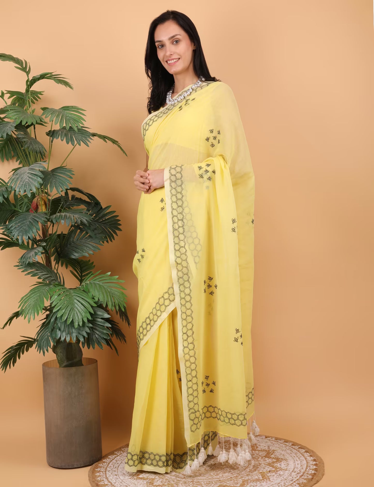 Shwet Women Yellow  Hand Embroidered Chikankari  Mulmul saree - Shwet Artistry