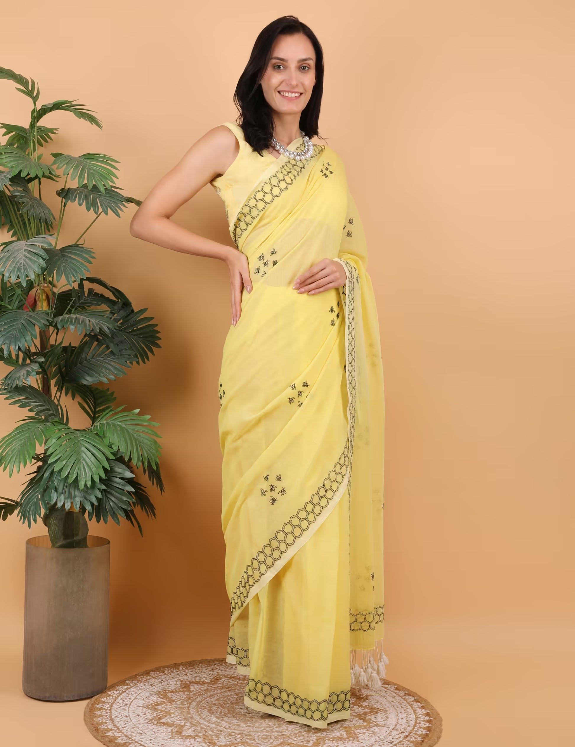 Shwet Women Yellow  Hand Embroidered Chikankari  Mulmul saree - Shwet Artistry