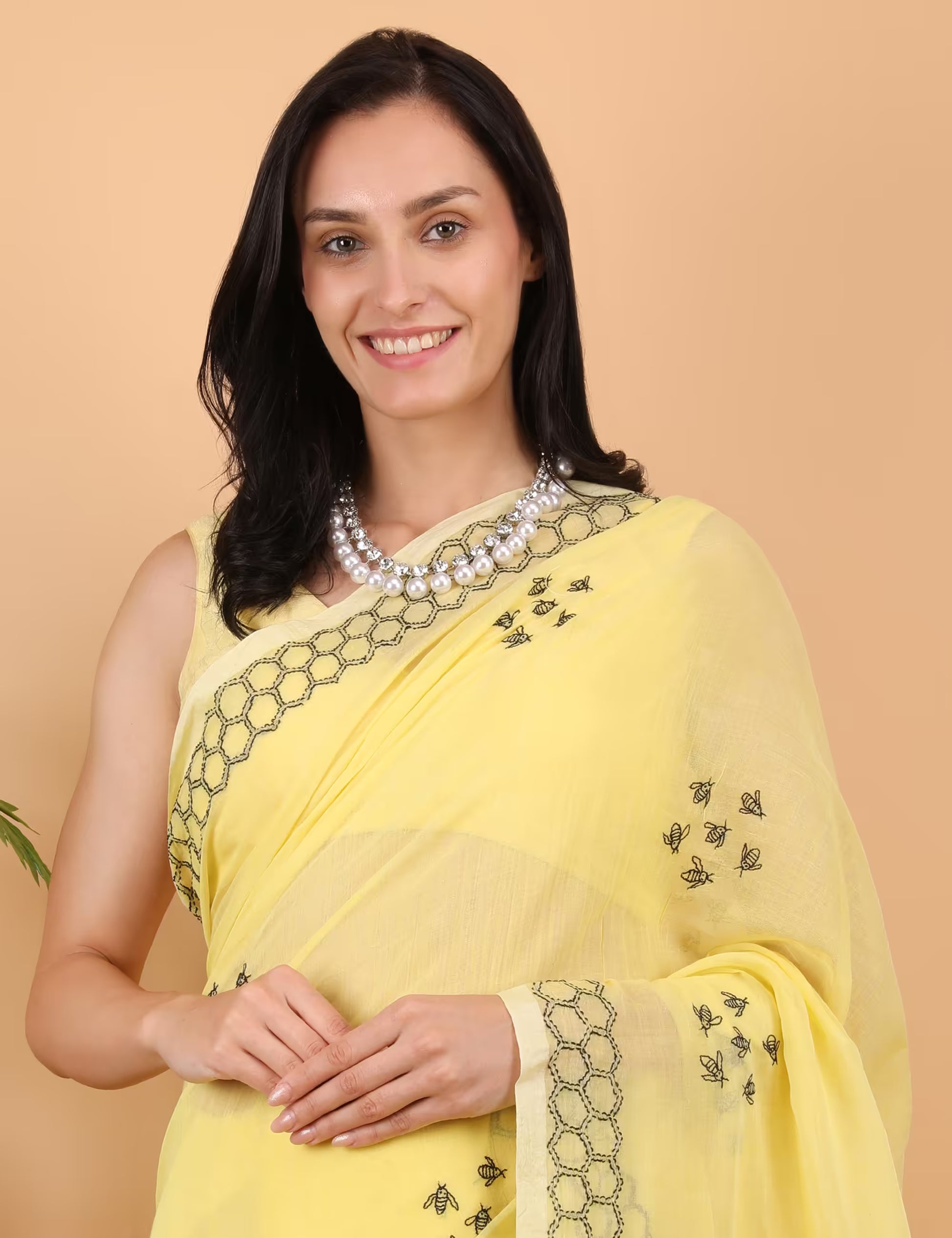 Shwet Women Yellow  Hand Embroidered Chikankari  Mulmul saree - Shwet Artistry