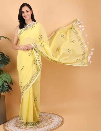 Shwet Women Yellow  Hand Embroidered Chikankari  Mulmul saree - Shwet Artistry