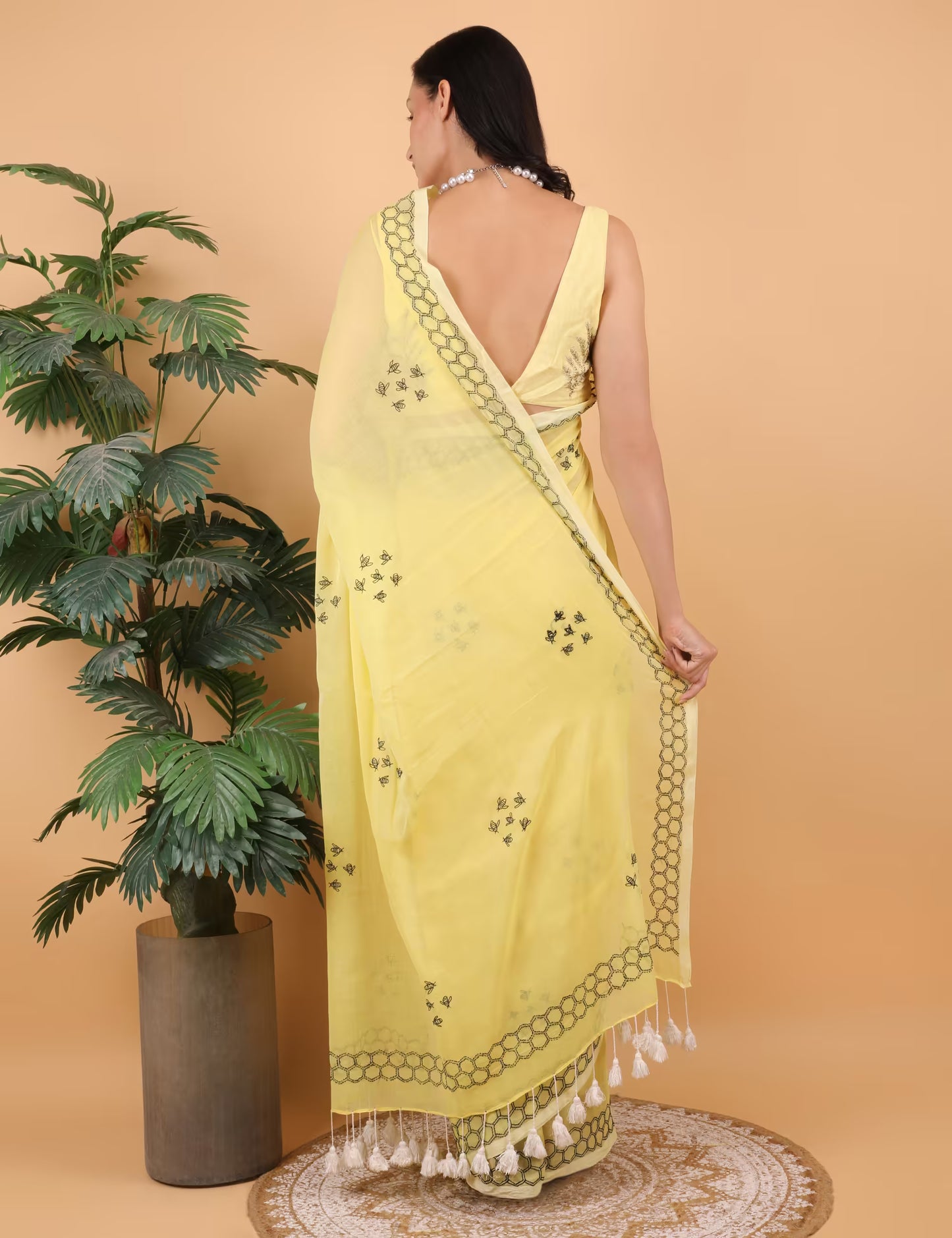Shwet Women Yellow  Hand Embroidered Chikankari  Mulmul saree - Shwet Artistry