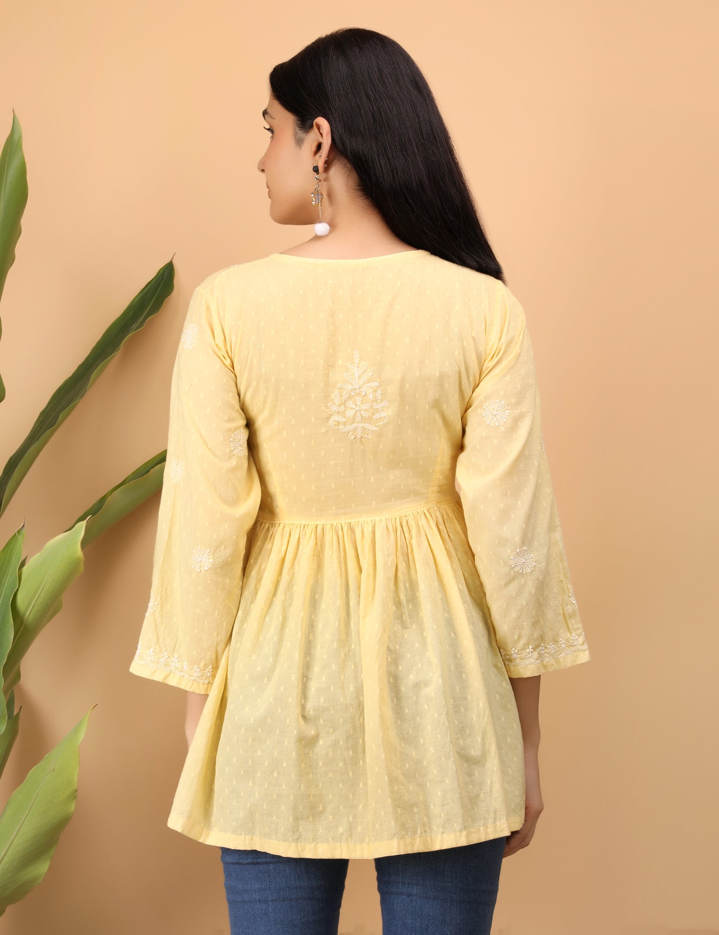 Shwet Artistry shwet yellow white women chikankari angarkha top - Premium Chikankari Collection