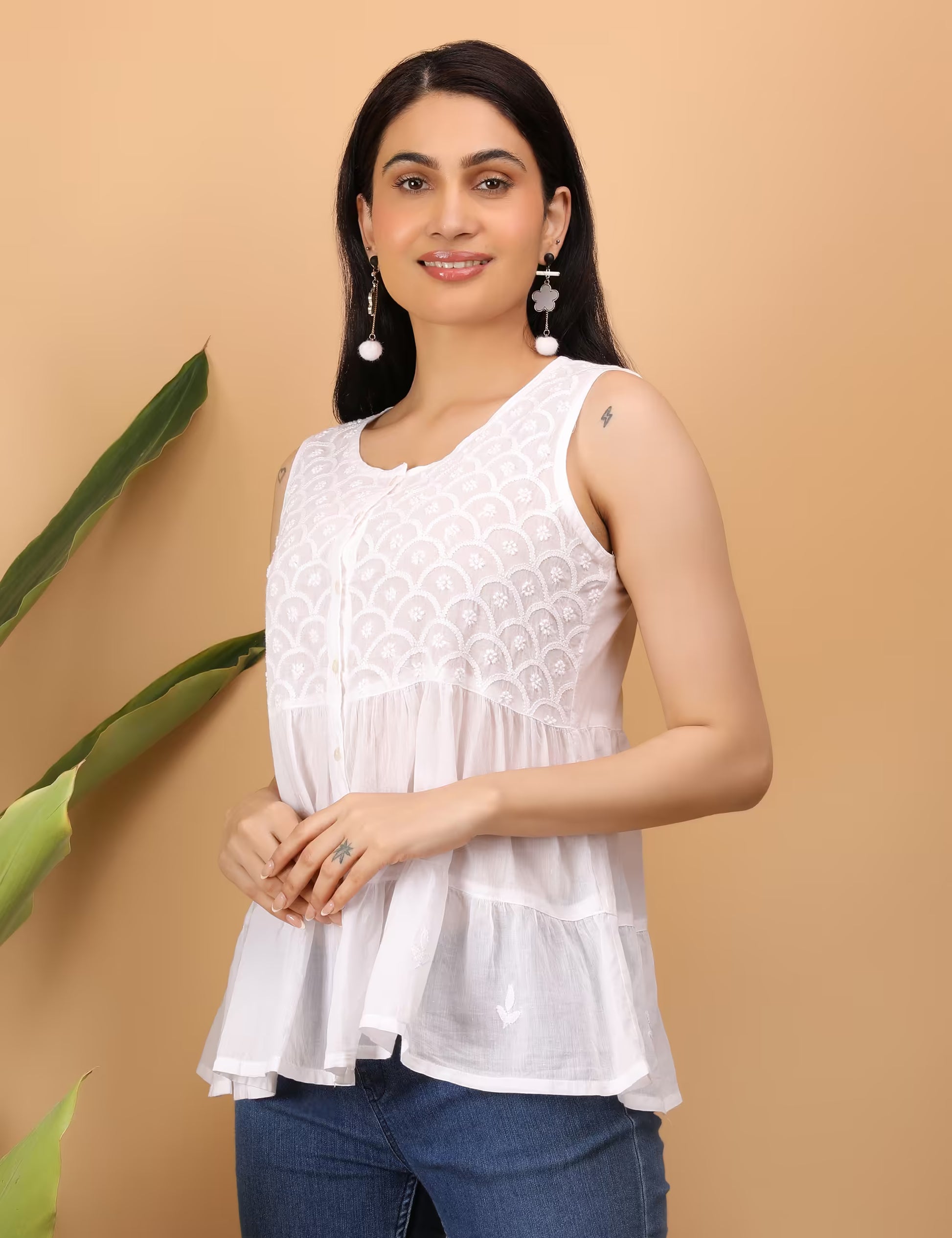 Shwet Women White Chikankari Sleevless Tier Top - Shwet Artistry