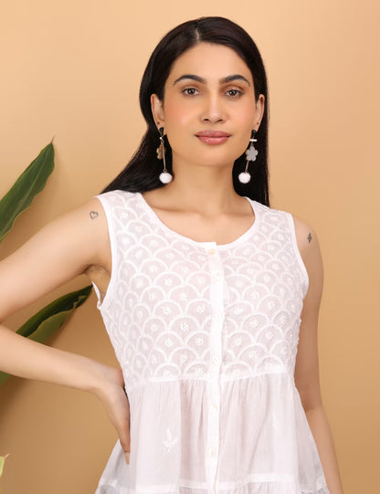 Shwet Women White Chikankari Sleevless Tier Top - Shwet Artistry