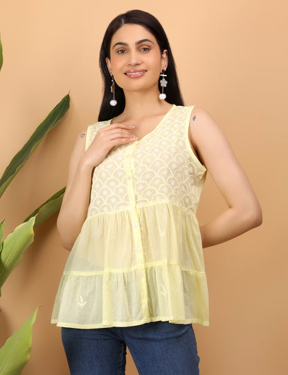 Shwet hand embroidered yellow chikankari tier top - Shwet Artistry