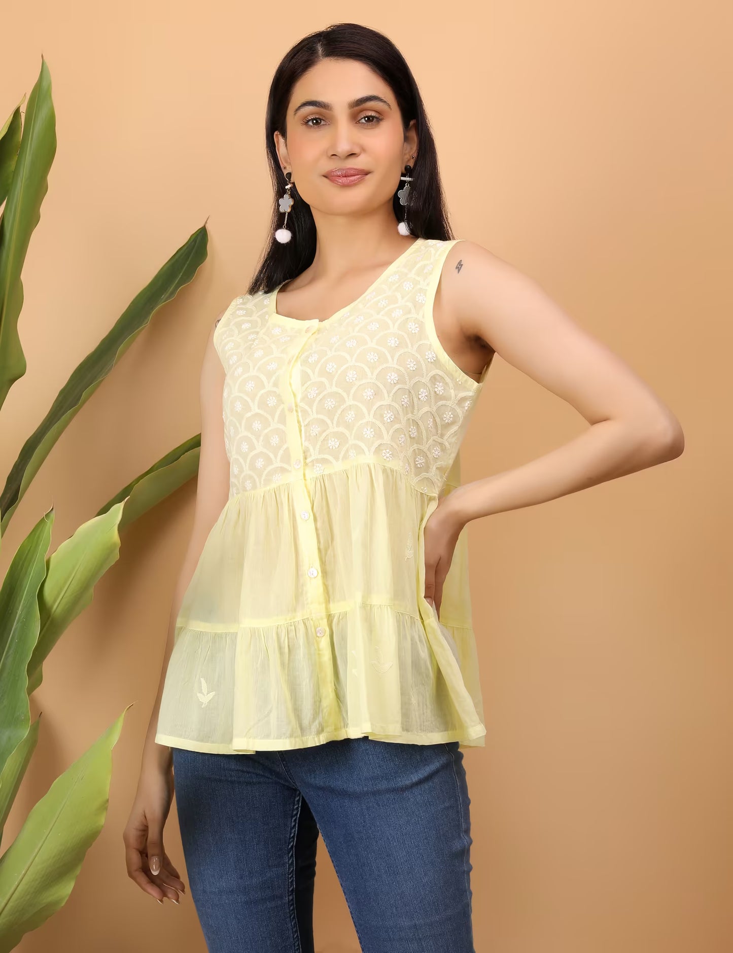 Shwet hand embroidered yellow chikankari tier top - Shwet Artistry