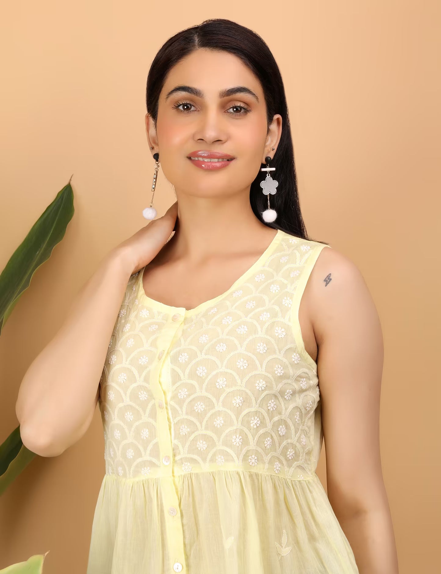 Shwet hand embroidered yellow chikankari tier top - Shwet Artistry