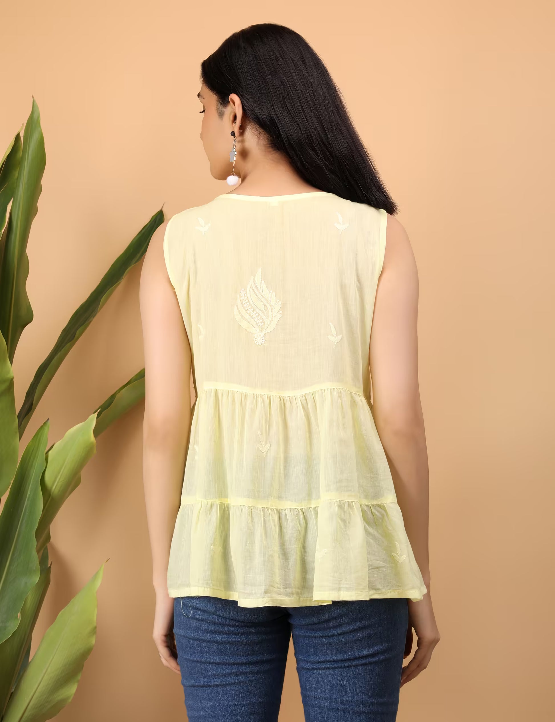 Shwet hand embroidered yellow chikankari tier top - Shwet Artistry