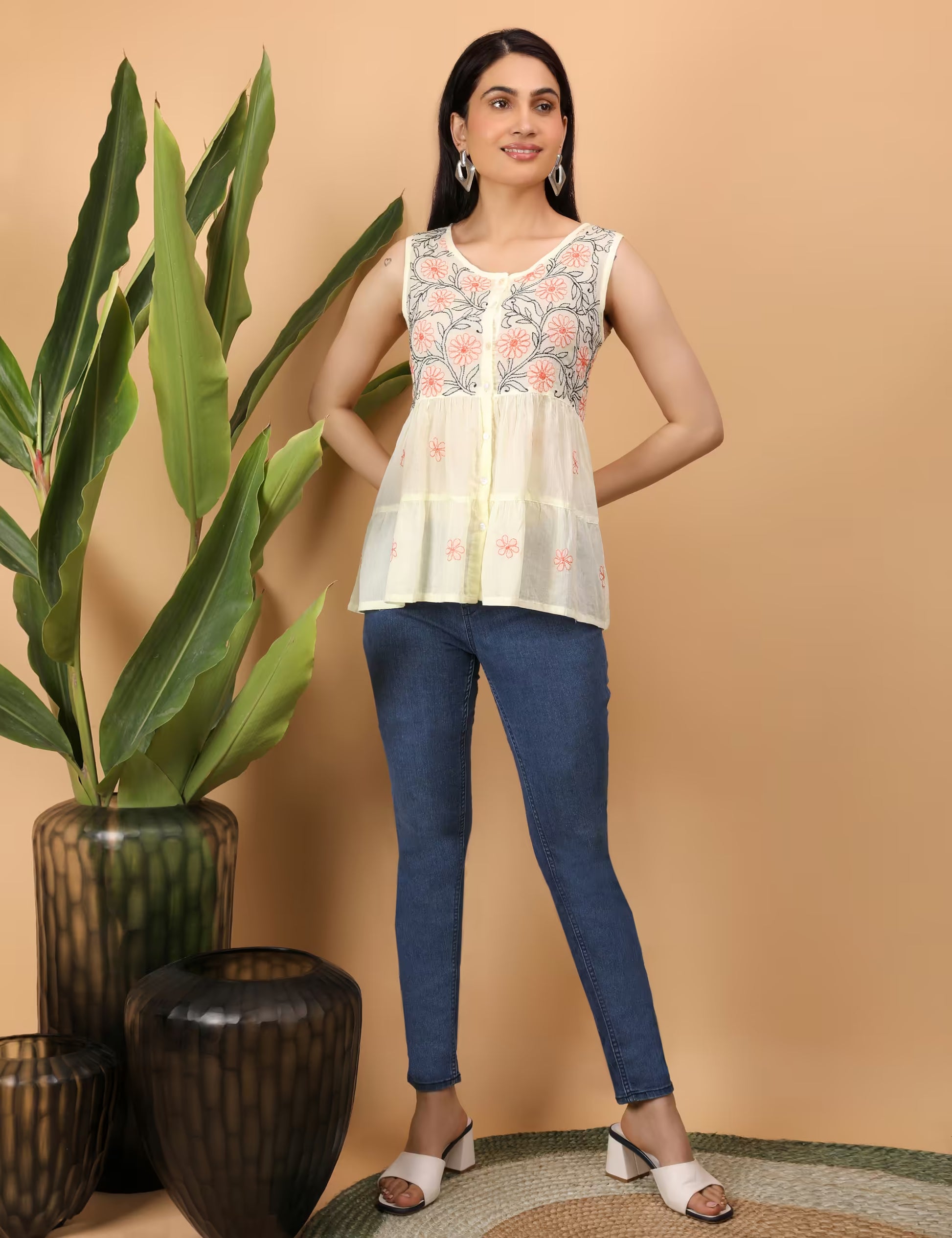 Shwet Women Yellow Chikankari Sleevless Tier Top - Shwet Artistry