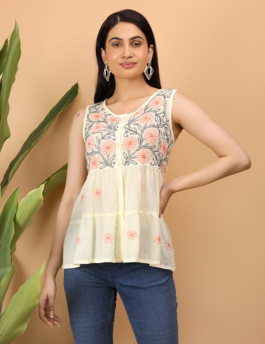 Shwet Artistry Shwet Women Yellow Chikankari Sleevless Tier Top - Premium Chikankari Collection