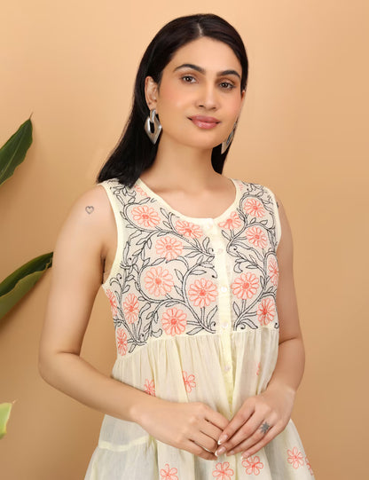 Shwet Women Yellow Chikankari Sleevless Tier Top - Shwet Artistry