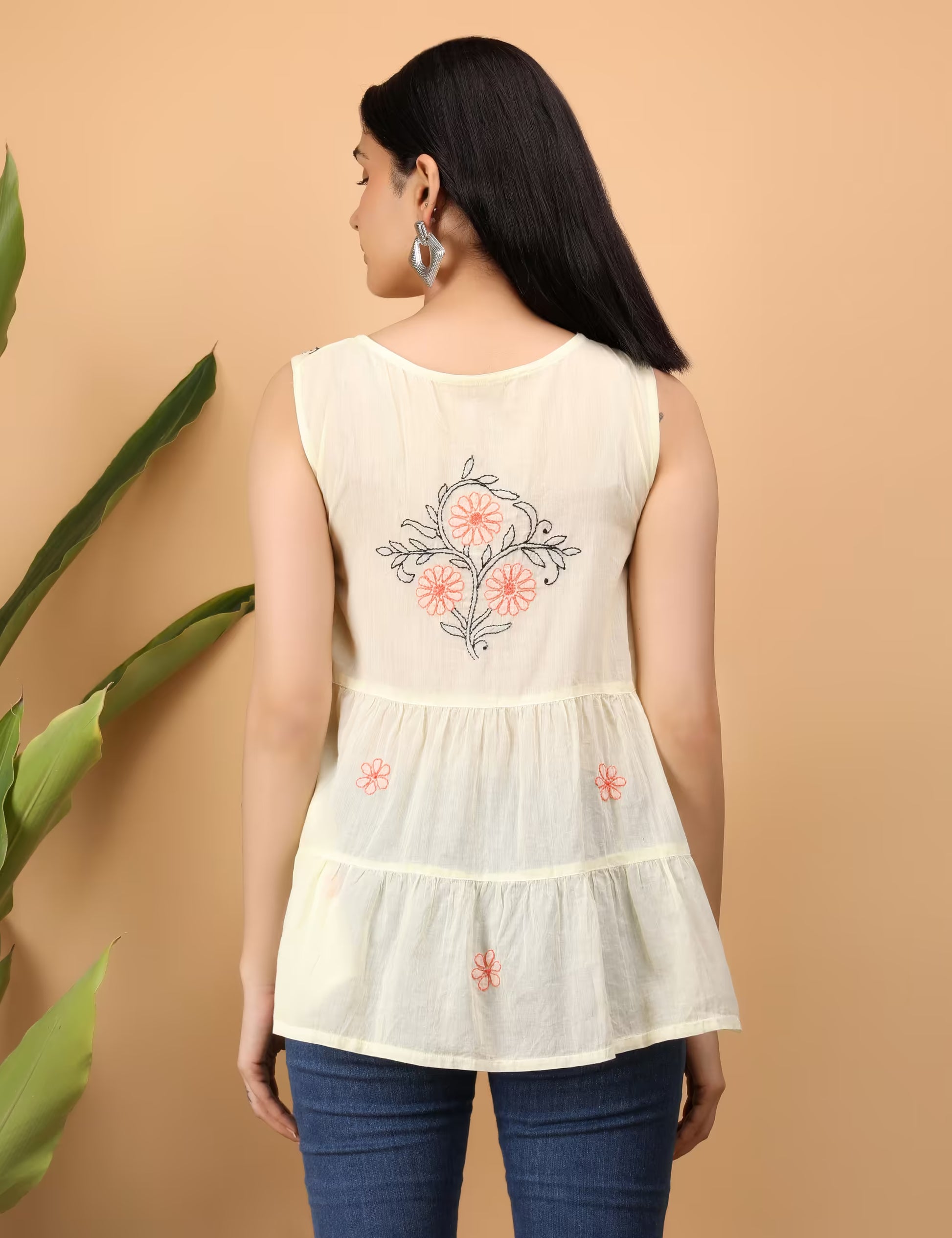 Shwet Women Yellow Chikankari Sleevless Tier Top - Shwet Artistry