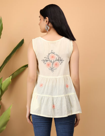 Shwet Women Yellow Chikankari Sleevless Tier Top - Shwet Artistry
