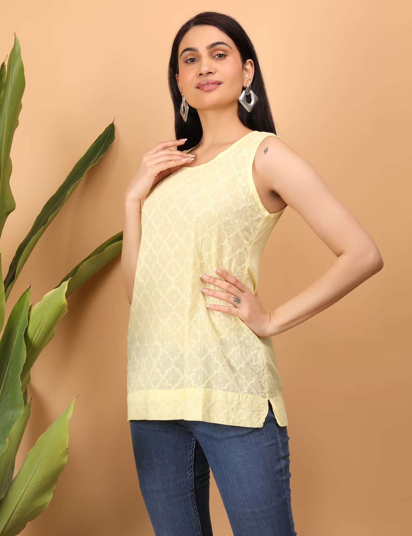 Shwet Women Yellow Chikankari Sleevless Erika  Top - Shwet Artistry