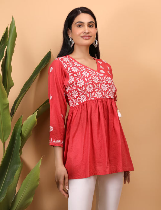 Shwet Women Red Chikankari Angarkha Top - Shwet Artistry