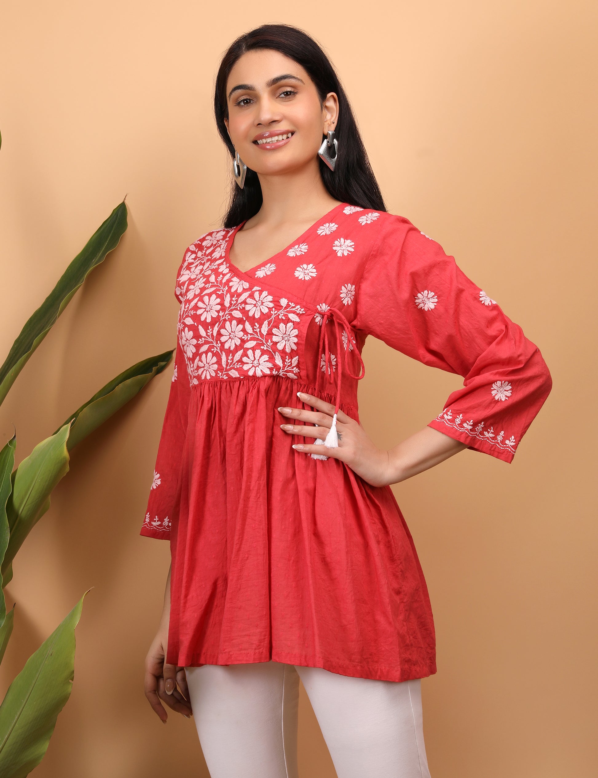 Shwet Artistry Shwet Women Red Chikankari Angarkha Top - Premium Chikankari Collection