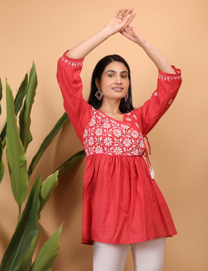 Shwet Women Red Chikankari Angarkha Top - Shwet Artistry
