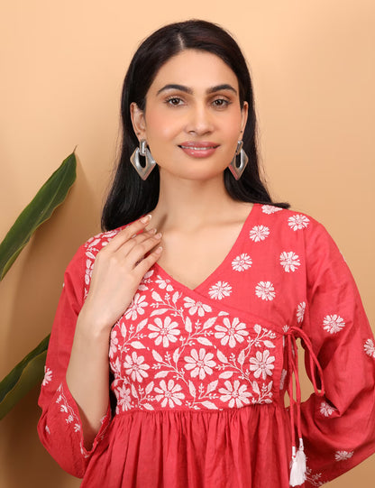 Shwet Women Red Chikankari Angarkha Top - Shwet Artistry