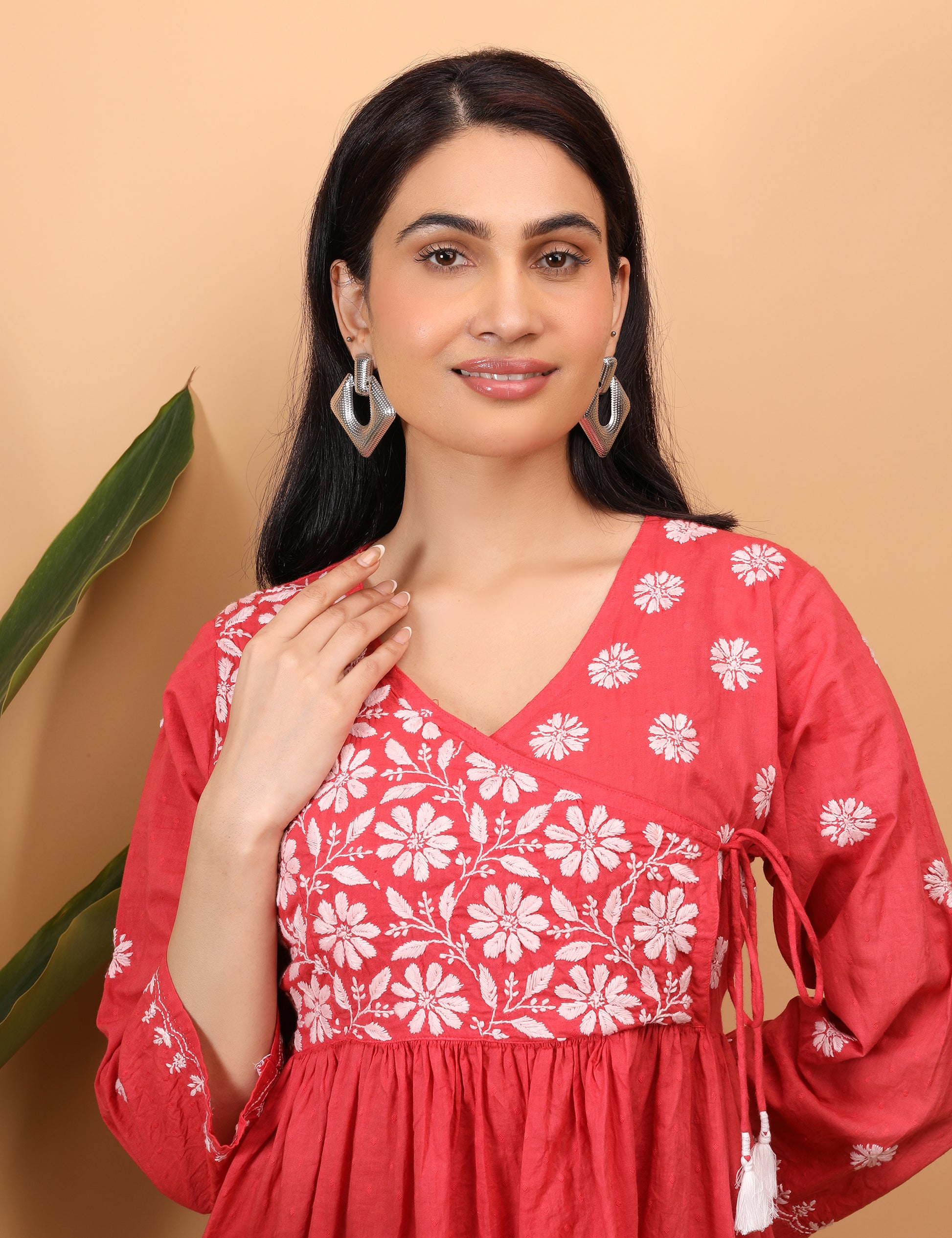 Shwet Artistry Shwet Women Red Chikankari Angarkha Top - Premium Chikankari Collection