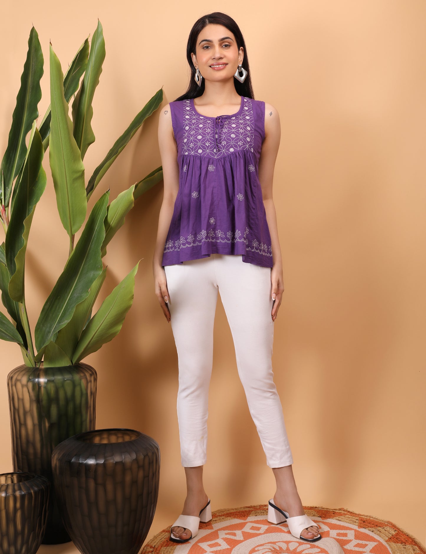 Shwet Artistry Shwet Women Purple Chikankari Sleevless Yoke Top - Premium Chikankari Collection